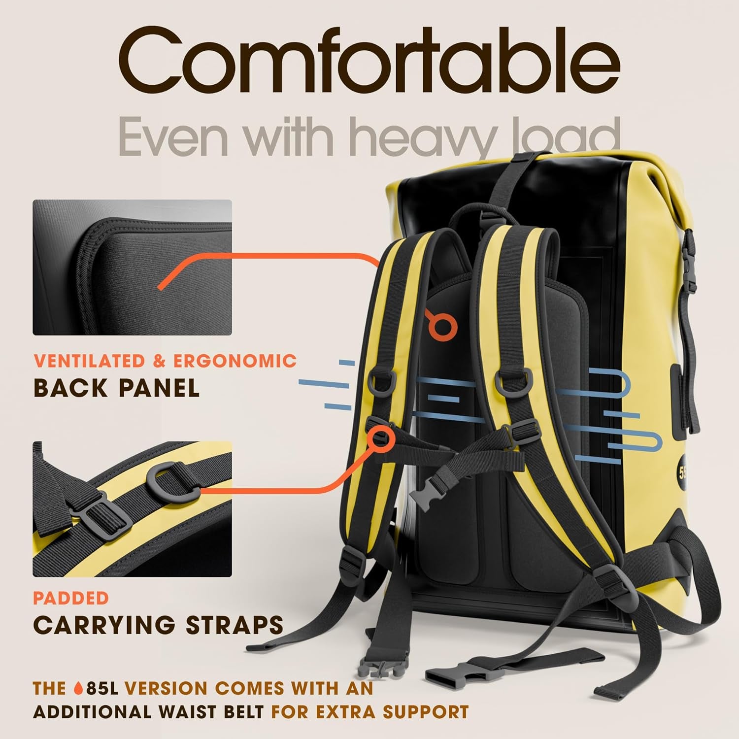 Waterproof Backpack - Heavy Duty Hiking Backpack - Roll-Top Closure - Waterproof Bag - Cushioned Dry Bags Waterproof W/ IPX8 Waterproof Phone Case - Wet Bag for Hiking, Kayak (Yellow, 35L)